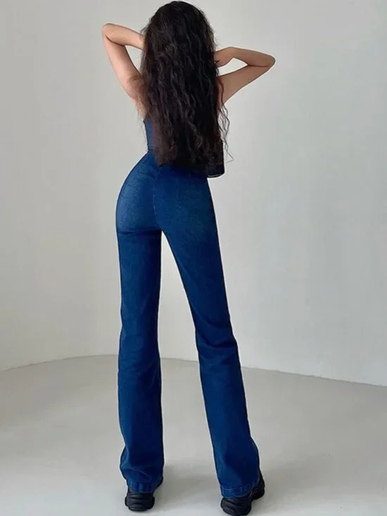 Denim Jumpsuit for Women Sexy Slim Fit Zipper Sleeveless V-Neck High Waist Fashi - Picture 5 of 6